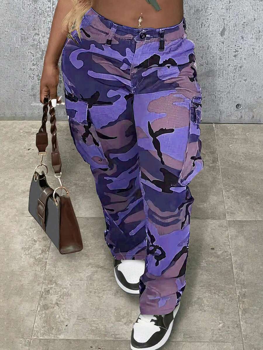 Women's Casual Camouflage Print Straight Leg Cargo Pants - 紫色 - 查看 1