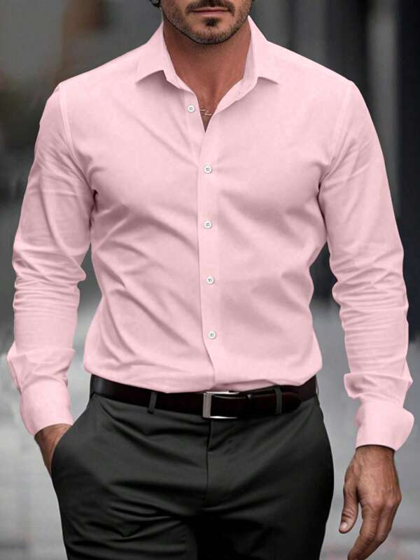 Manfinity Mode Plus Size Men's Solid Color Long Sleeve Casual Business Dress Shirt, Spring And Summer