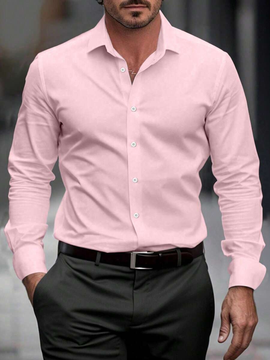 Manfinity Mode 大码男士纯色长袖休闲商务正装衬衫，春夏秋季
