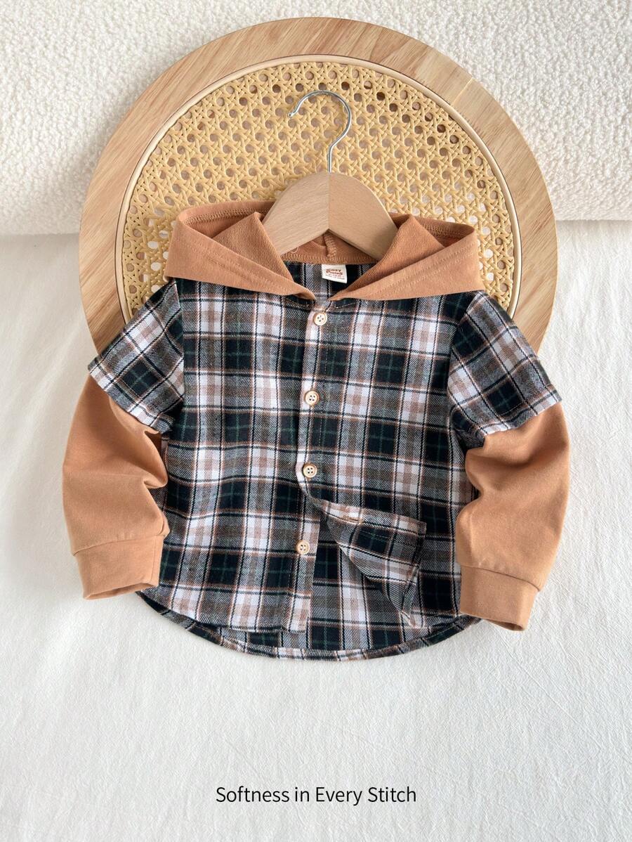 Cozy Pixies 适合男婴的休闲百搭彩色格子连帽衫，适合圣诞节 - 棕色 - 查看 1