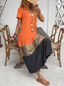 EMERY ROSE Damen Sommer Kurzarm Farbblock Leoparden Muster Lässig Maxi Kleid Outfit