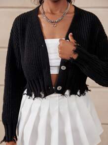 Girls' Black Fashionable V-Neck Cardigan Sweater,90s Style Frayed Hem Single Button Short Sweater,Back-To-School Graduation Autumn Daily Wear Travel - Black - View 4