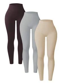 SHEIN Sports 3件套纯色宽腰运动紧身裤女士紧身裤套装瑜伽裤 - 彩色 - 查看 2