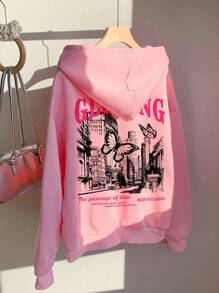 SHEIN Süßer Hoodie für Tween-Mädchen mit locker sitzendem Schnitt, Schmetterlings Muster und leuchtend im Dunklen Muster, geeignet für Herbst/Winter