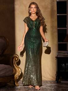 UNITHORSE [随机剪裁] 深 V 领亮片礼服 黑色优雅舞会晚会婚礼宾客礼服，适合毕业典礼、晚宴派对礼服、新娘礼服、生日女士服装、毕业礼服