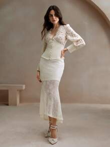 Anewsta V-Neck Lace Patchwork Cinched Waist Top - Apricot - View 5