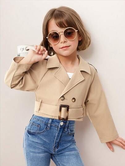 SHEIN 年轻女孩纯色编织腰带双排扣细节插肩袖休闲短外套，翻领，学院风格，非常适合夏季和秋季休闲、日常穿着和学校日常穿着