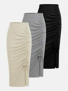 SHEIN Girlism 3pcs/Set Tween Girl Minimalist Single Ruched Slit Design Soft Knit Skirts - Multicolor - View 1