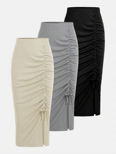 SHEIN Girlism 3 件套 少女简约单褶皱开衩设计柔软针织裙