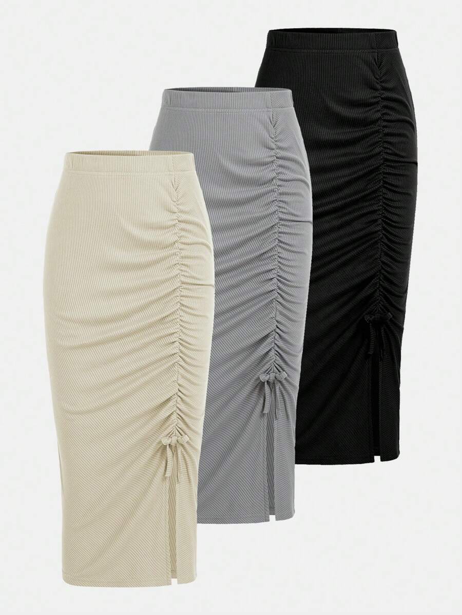 SHEIN Girlism 3pcs/Set Tween Girl Minimalist Single Ruched Slit Design Soft Knit Skirts - Multicolor - View 1