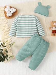 3 件套新生男婴绿色条纹长袖上衣、裤子（带脚套和刺绣熊贴花帽子）套装、家居服 - 綠色 - 查看 2
