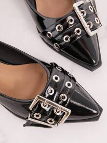 SHUZIA 女士超大扣尖头粗平跟漆皮黑色平底鞋 - 精致、朋克风、舒适必备新年假期情人节礼物夏季鞋 - 黑色 - 查看 3