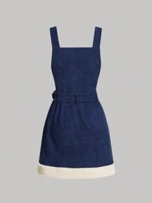 SHEIN MOD Navy Blue Corduroy Strap Dress With Fluffy Patchwork, Metal Buckle,Fall/Winter Women Dresses,Homecoming Dresses,Business Casual Women Dress,Teacher,Going Out Clothes,Office Wear,Back To School Women Dress,Work Women Dress, , ,Korean Fashion,Dinner Outfit,Renaissance Fair,Old Money Style - Navy Blue - View 6