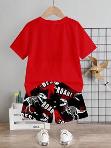 SHEIN 2pcs Young Boy Casual Dinosaur Print Short Sleeve T-Shirt And Shorts Summer Outfit