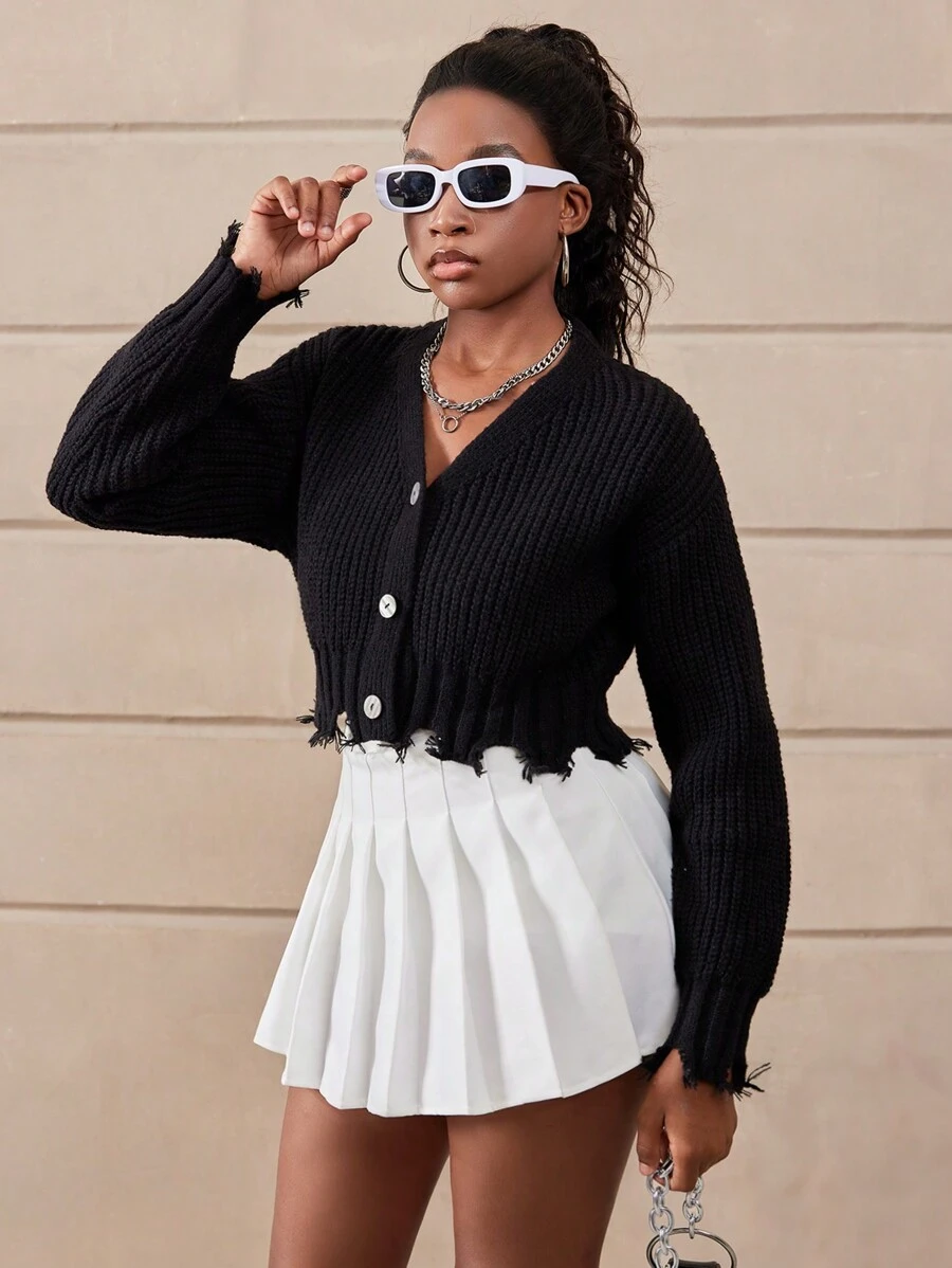 Girls' Black Fashionable V-Neck Cardigan Sweater,90s Style Frayed Hem Single Button Short Sweater,Back-To-School Graduation Autumn Daily Wear Travel - Black - View 1