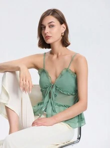 女士夏季纯色荷叶边系带休闲吊带背心透视上衣 - 綠色 - 查看 6