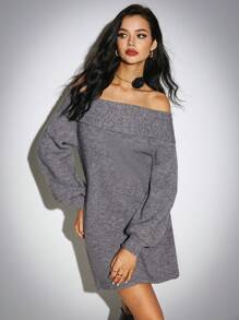 Poéselle Vestito di lana a spalle scoperte da donna, manica lunga, stile casual quotidiano, colore solido grigio, carino ed elegante - Grigio - Visualizzare 5