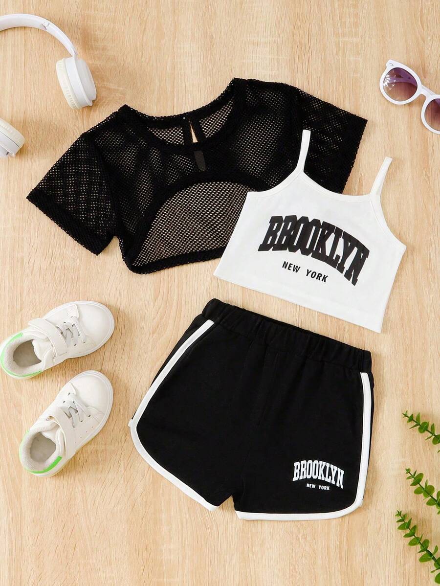3pcs Baby Girls' Spring/Summer Set, Including Cute Daily Wear Pink Printed Hollow Out Mesh Fabric Top And Shorts