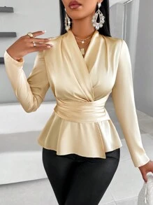 SOLERSUN 裹领荷叶边上衣缎面衬衫 - 杏色 - 查看 3