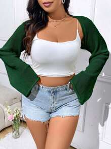 Flirla Women Plus Size Solid Color Bell Sleeve Short Bolero Cardigan - Dark Green - View 7