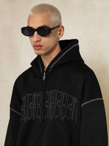 SUMWON Gothic Script Full Zip Hoodie Streetwear Contrast Stitch Winter Casual Urban Zip Up Athletic Sweatshirt Athleisure Everyday Sport - Black - View 3