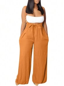 SHEIN Overall Kasual Longgar Kaki Lebar Saku Bertali Warna Polos Musim Panas untuk Wanita Ukuran Besar - Jeruk - View 4