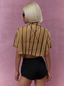 MISSGUIDED Crochet Knit Short Sleeved Jacket With Pockets - Khaki - View 2