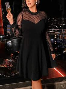 SHEIN Clasi Plus Size Contrast Mesh Long Sleeve Fashionable Party Dress Maxi Women Outfit - Black - View 5