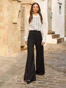 Enchnt 女士纯色纽扣拉链优雅阔腿裤