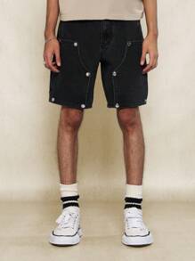 SUMWON Pantalón corto de mezclilla de carpintero con detalle de ojales - Negro - Ver 1