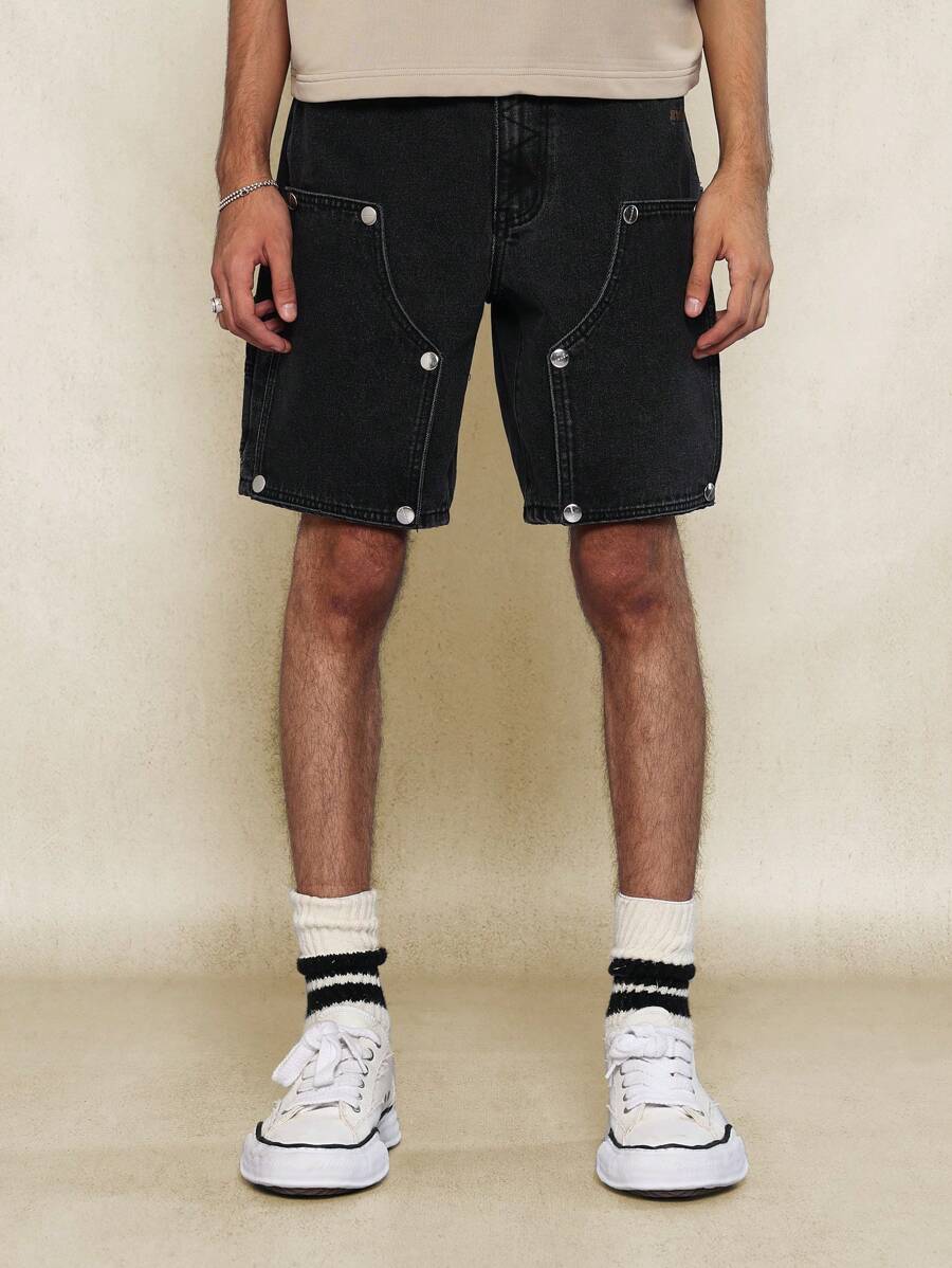 SUMWON Pantalón corto de mezclilla de carpintero con detalle de ojales - Negro - Ver 1
