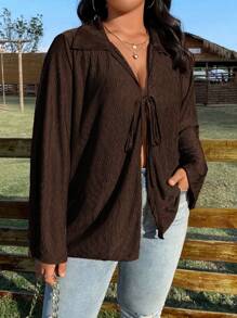 SHEIN LUNE Plus Size Loose Casual Drawstring Long Sleeve Shirt With Relaxed Design Fall Cloth For Women - Brown - View 6