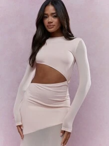 MISSGUIDED Vestido largo de gasa asimétrico con volantes, cintura recortada y mangas largas en estilo bohemio - Rosa Pálido - Ver 3