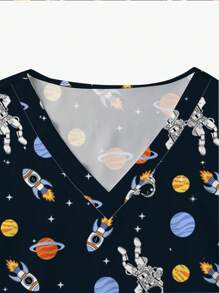 PopScrub Cartoon Astronaut Rocket Print V-Neck Short Sleeve Nurse Uniform Top, Scrub Tops - Multicolor - View 6