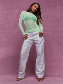 MISSGUIDED Sheer Rhinestone Detail Long Sleeve Top Christmas - Green - View 4