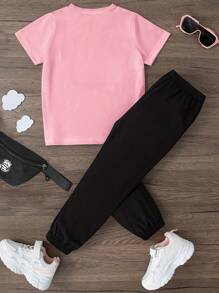 2 件套 女童卡通印花短袖 T 恤和裤子夏季服装 - 淺粉色 - 查看 2