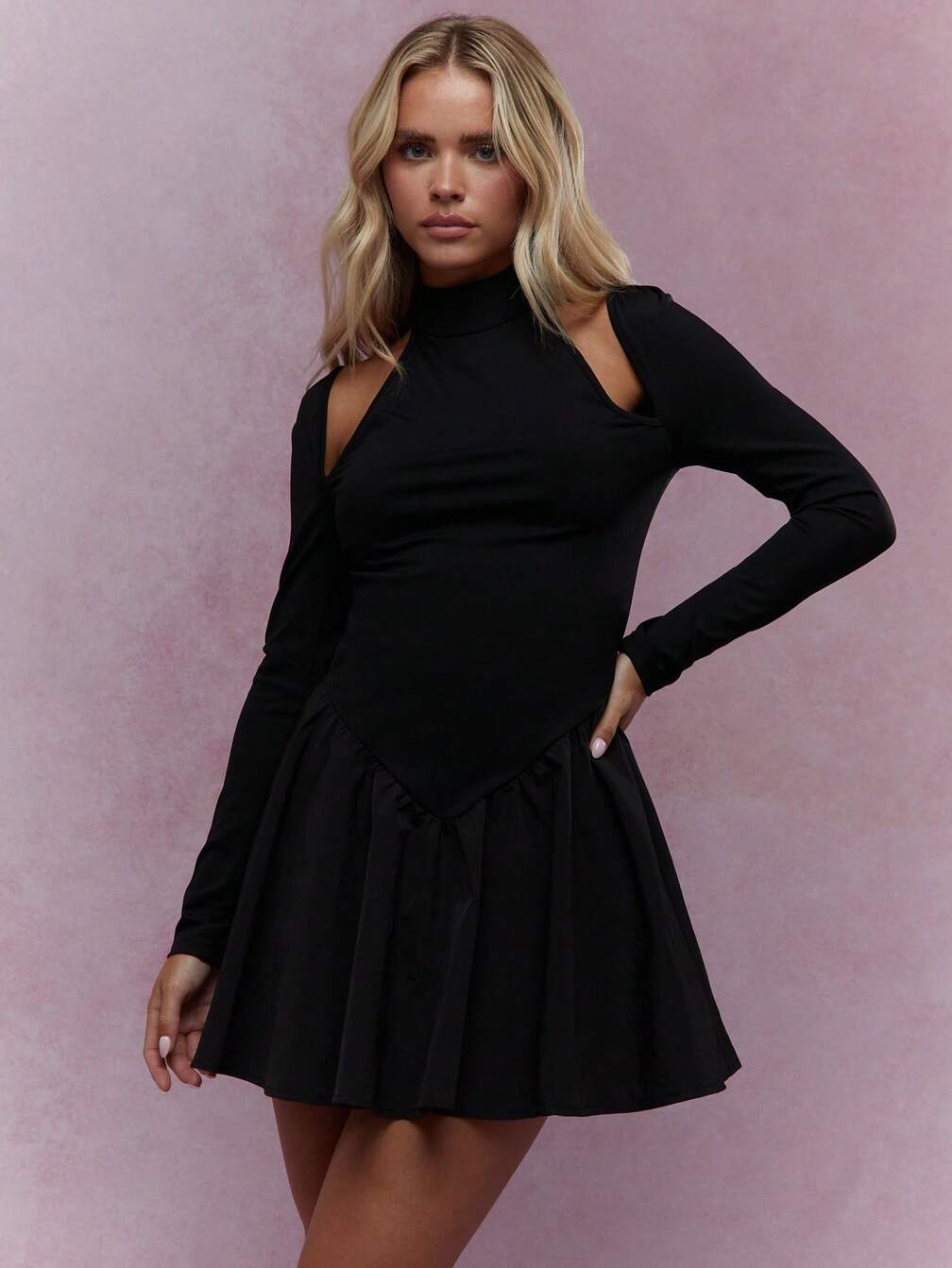 black cut out dress missguided MISSGUIDED Hybrid Halter Neck Cut-Out Long Sleeves Mini Skater Dress｜ MISSGUIDED