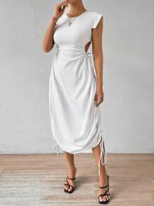 Chiquease Solid Color Round Neck Hollow Out Waist Drawstring Dress