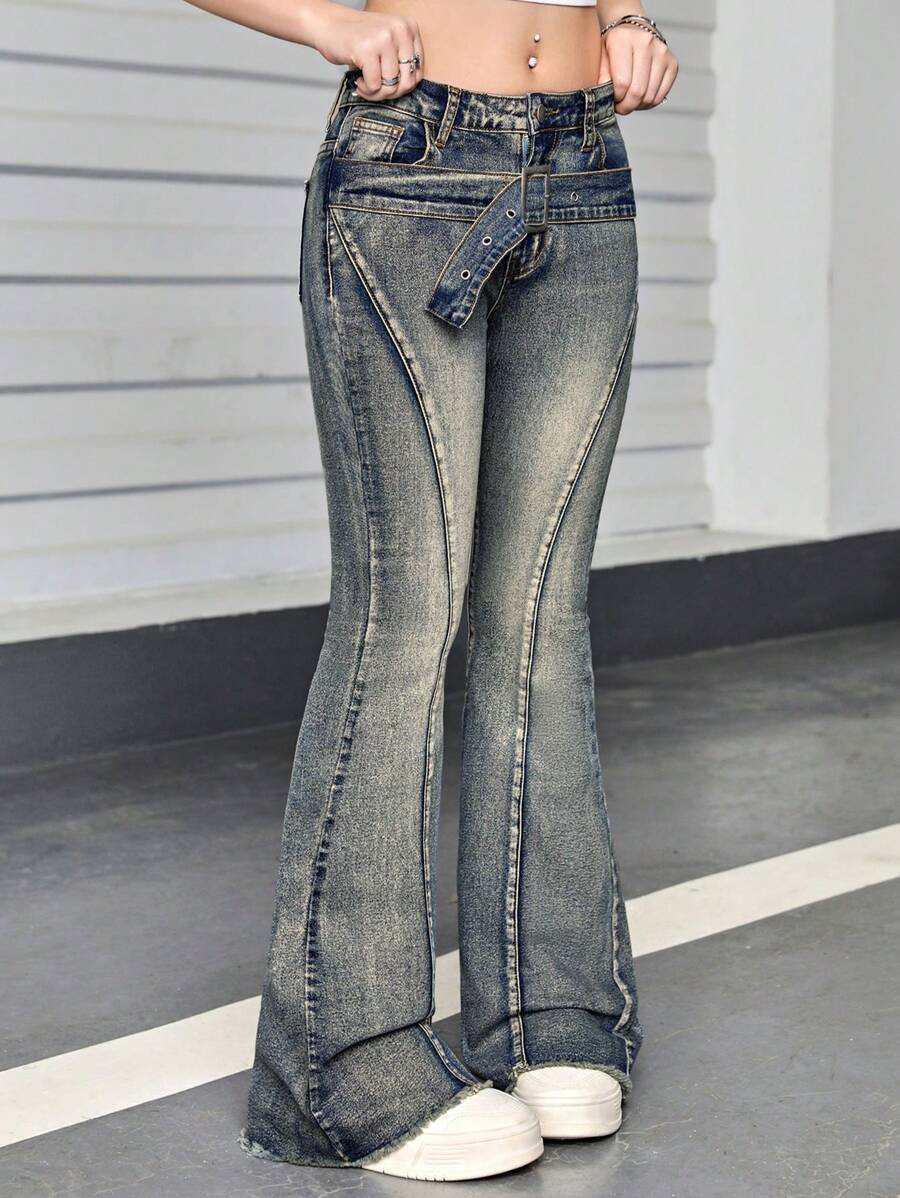 SHEIN Y2K Low-Waisted Retro Washed Flared Denim Jeans With Button Fly Slanted Pocket For Teen Girls Outfits ,Boot Cut Jeans - Dark Wash - View 1