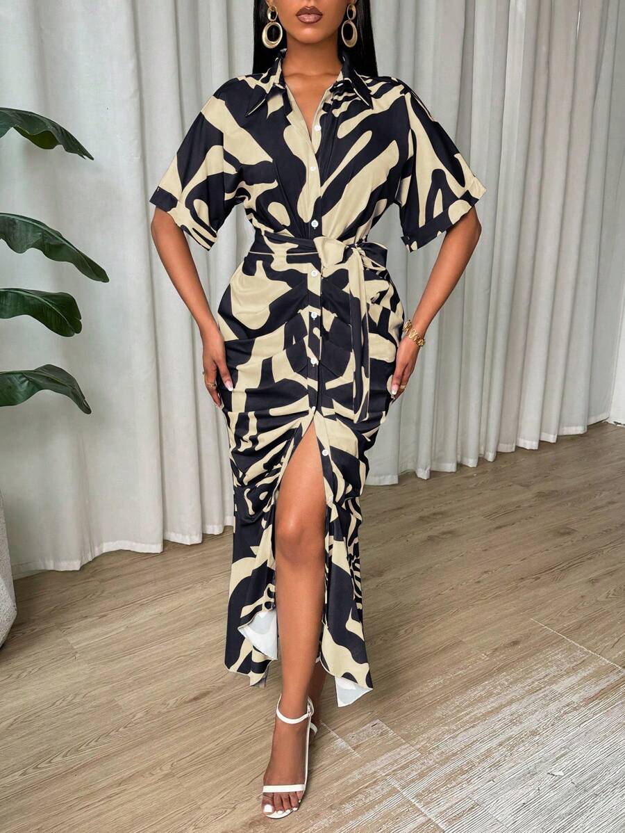 SHEIN Clasi 女士夏季全印花短袖褶皱长款优雅衬衫连衣裙 - 杏色 - 查看 1