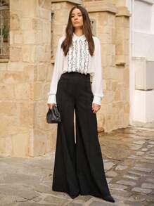 Enchnt 女士纯色纽扣拉链优雅阔腿裤