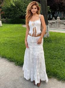 Soleia Women's White Knitted Top,Summer Tropical Vacation Picnic Lace Overlay Asymmetrical Tops,Front Tie & Bow Knot Early Autumn Holiday Clothes - Apricot - View 4