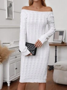 SHEIN Clasi فستان كنزة صوفية مضفر أساسي أكمام طويلة رقبة طاقم لون أحادي للسيدات, للارتداء اليومي العادي