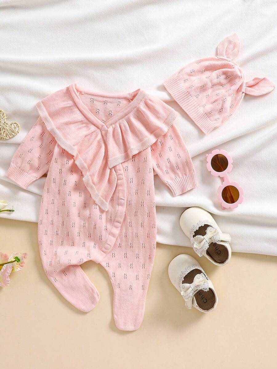 SHEIN Thời trang bé gái Bộ áo liền quần dệt kim ngọt ngào dễ thương có chân Áo liền quần dệt kim có mũ trùm đầu Quần áo bò - Màu Hồng baby - Xem 1