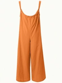 SHEIN Overall Kasual Longgar Kaki Lebar Saku Bertali Warna Polos Musim Panas untuk Wanita Ukuran Besar - Jeruk - View 2