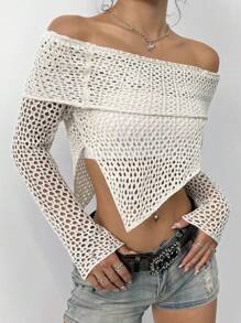 SHEIN Unity 女士纯色简约日常露肩长袖毛衣，针织套头衫，秋冬款 - 米色 - 查看 5