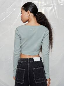 SUMWON WOMEN Ribbed Knit Cropped Henley Top Long Sleeve Button Front Crop T-Shirt Fall Winter Basic Casual Essential Modern Minimalist Contemporary Style - Baby Blue - View 2