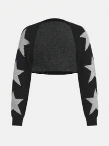 Teen Girls Star Patterned Long Sleeve Short Cropped Cardigans Streetwear Knitted Sweaters - Black - View 3