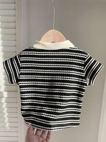 SHEIN LMoss Kids Áo thun polo sọc dệt kim dễ thương, giản dị, thú vị cho bé trai, thích hợp mặc ở nhà, ngoài trời, du lịch vào mùa hè - màu đen - Xem 2