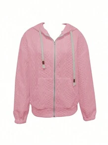 SHEIN LUNE Pink Long Sleeve Hooded Sweatshirt With Pockets, Textured Design, For Autumn/Winter - Pink - View 3